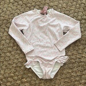 Minnow Pink and White Long Sleeve Rashguard Swimwear with Bow on back